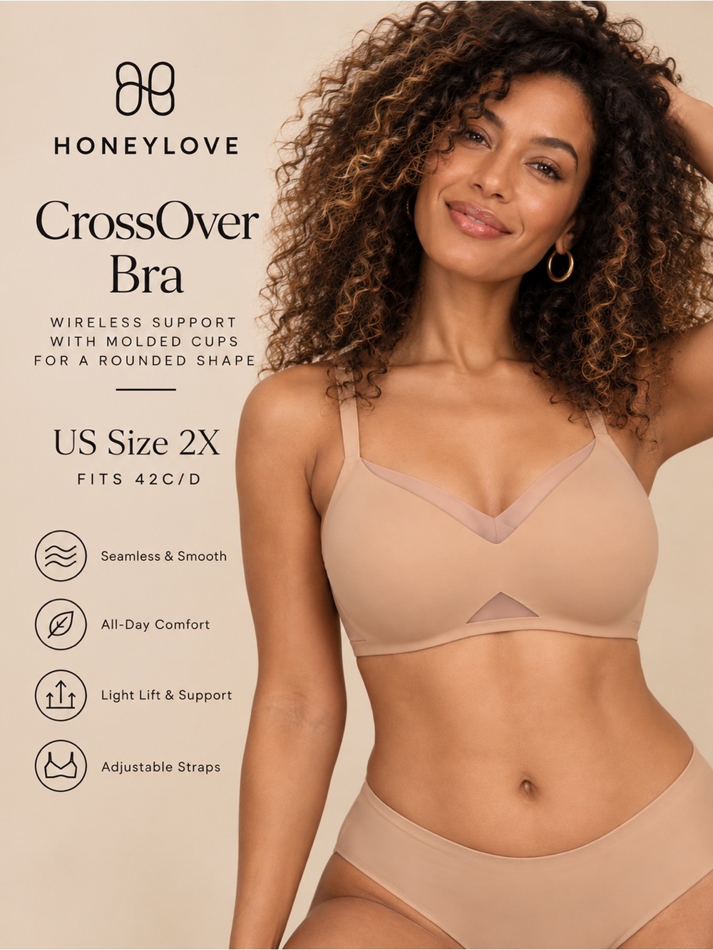 Honeylove CrossOver Wireless Bra Nude Size 2X 42C/D NWT